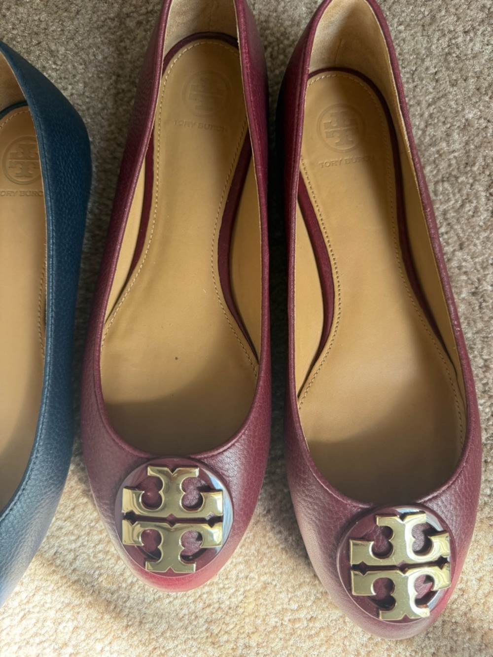 Tory Burch Burgundy Leather Logo Ballet Flats with Gold Medallion
